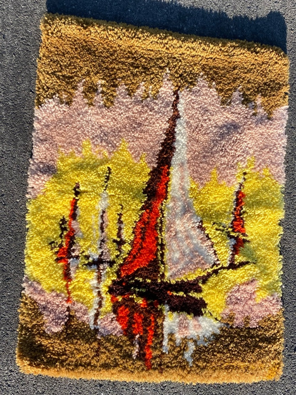 Vintage 26.5"x35" MCM Latch Hook Wall Hanging Rug Sailboat Ryan STYLE Handmade